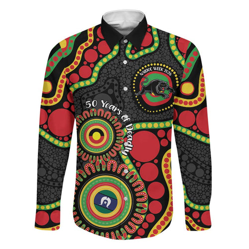 Panthers NAIDOC Week 2026 Personalised Family Matching Off The Shoulder Long Sleeve Dress and Hawaiian Shirt 50 Years of Deadly Aboriginal Art Black