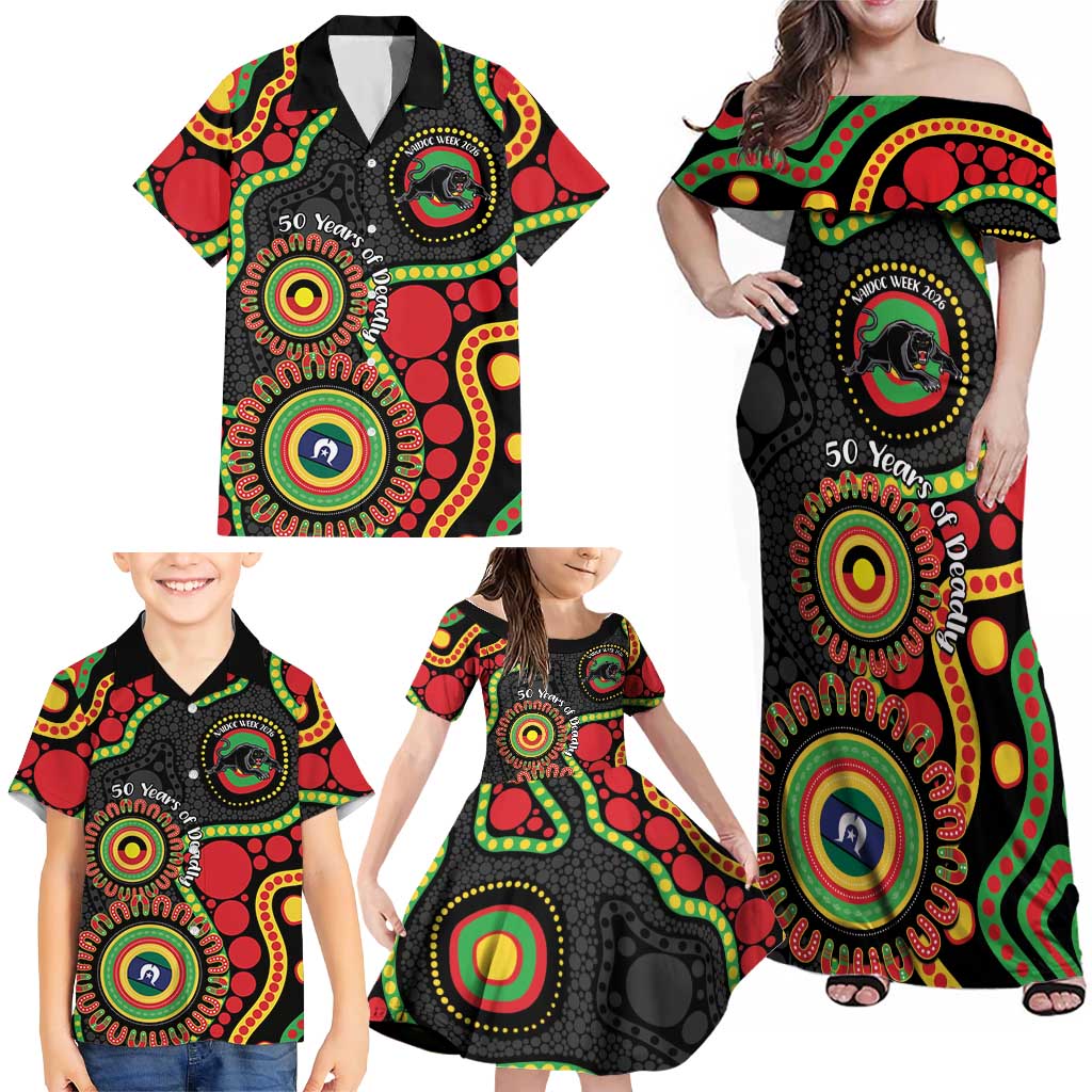 Panthers NAIDOC Week 2026 Personalised Family Matching Off Shoulder Maxi Dress and Hawaiian Shirt 50 Years of Deadly Aboriginal Art Black