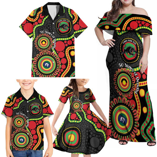 Panthers NAIDOC Week 2026 Personalised Family Matching Off Shoulder Maxi Dress and Hawaiian Shirt 50 Years of Deadly Aboriginal Art Black