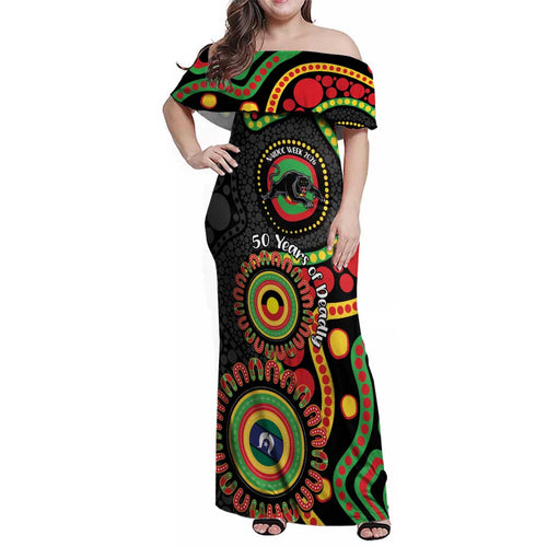 Panthers NAIDOC Week 2026 Personalised Family Matching Off Shoulder Maxi Dress and Hawaiian Shirt 50 Years of Deadly Aboriginal Art Black