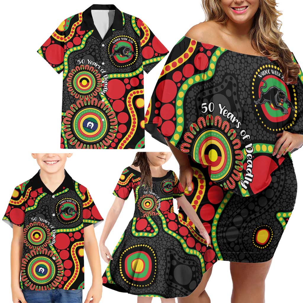 Panthers NAIDOC Week 2026 Personalised Family Matching Off Shoulder Short Dress and Hawaiian Shirt 50 Years of Deadly Aboriginal Art Black