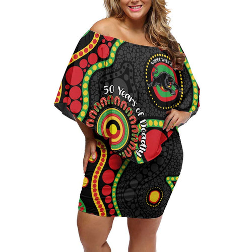 Panthers NAIDOC Week 2026 Personalised Family Matching Off Shoulder Short Dress and Hawaiian Shirt 50 Years of Deadly Aboriginal Art Black