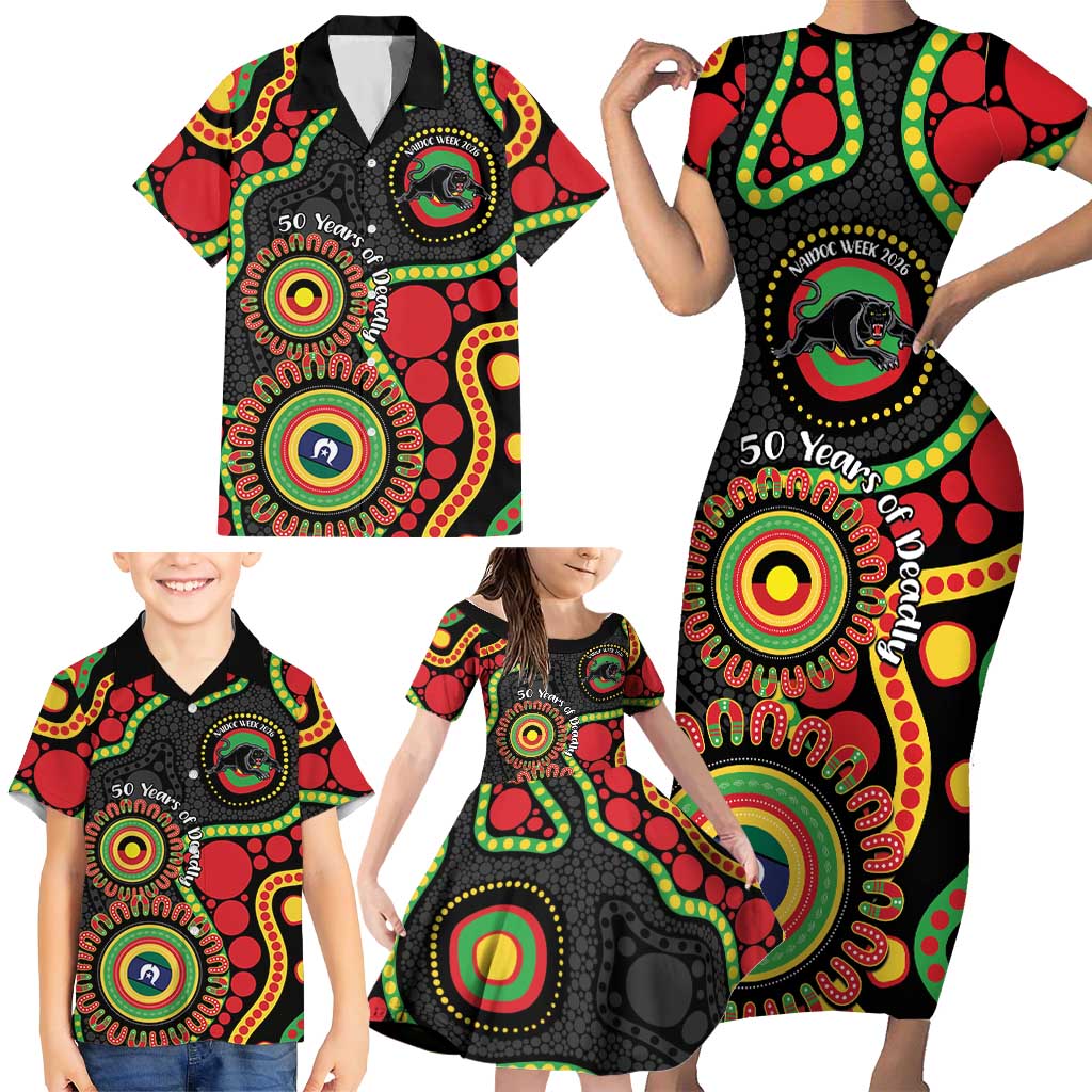 Panthers NAIDOC Week 2026 Personalised Family Matching Short Sleeve Bodycon Dress and Hawaiian Shirt 50 Years of Deadly Aboriginal Art Black