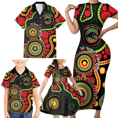 Panthers NAIDOC Week 2026 Personalised Family Matching Short Sleeve Bodycon Dress and Hawaiian Shirt 50 Years of Deadly Aboriginal Art Black