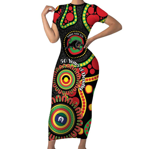 Panthers NAIDOC Week 2026 Personalised Family Matching Short Sleeve Bodycon Dress and Hawaiian Shirt 50 Years of Deadly Aboriginal Art Black