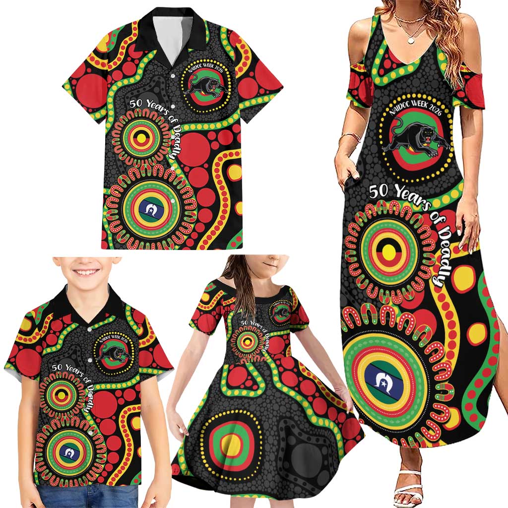 Panthers NAIDOC Week 2026 Personalised Family Matching Summer Maxi Dress and Hawaiian Shirt 50 Years of Deadly Aboriginal Art Black