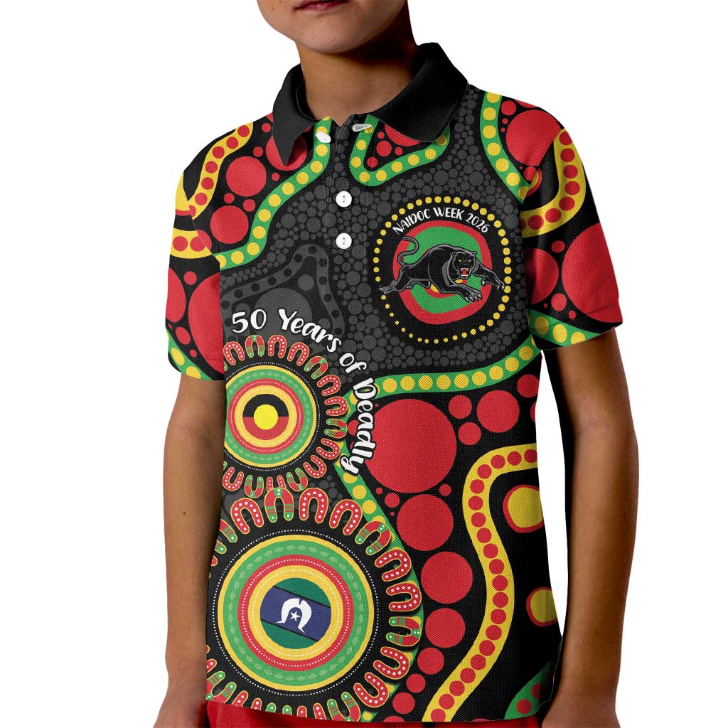 Panthers NAIDOC Week 2026 Personalised Kid Polo Shirt 50 Years of Deadly Aboriginal Art Black
