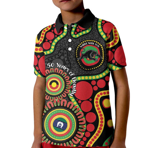 Panthers NAIDOC Week 2026 Personalised Kid Polo Shirt 50 Years of Deadly Aboriginal Art Black