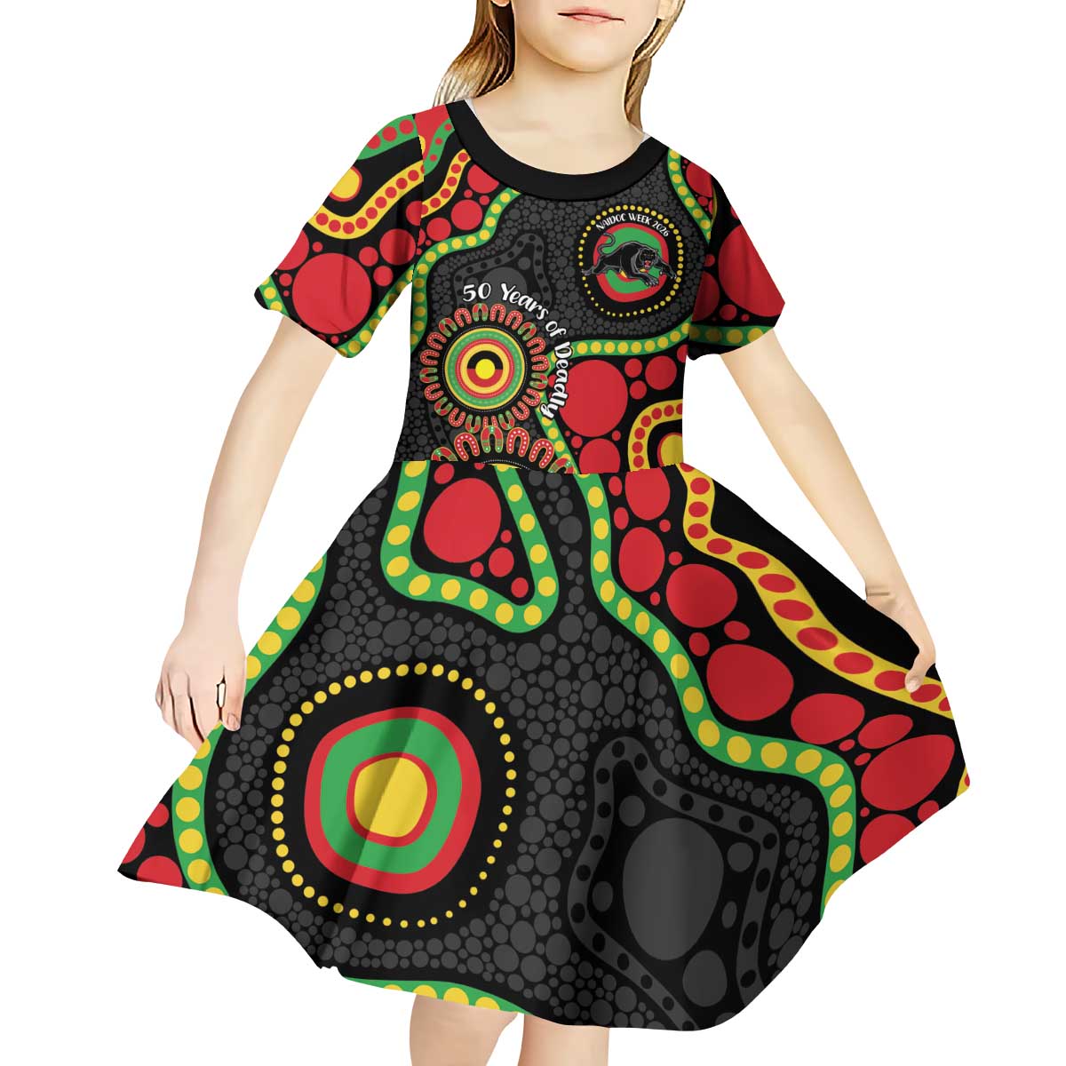 Panthers NAIDOC Week 2026 Personalised Kid Short Sleeve Dress 50 Years of Deadly Aboriginal Art Black