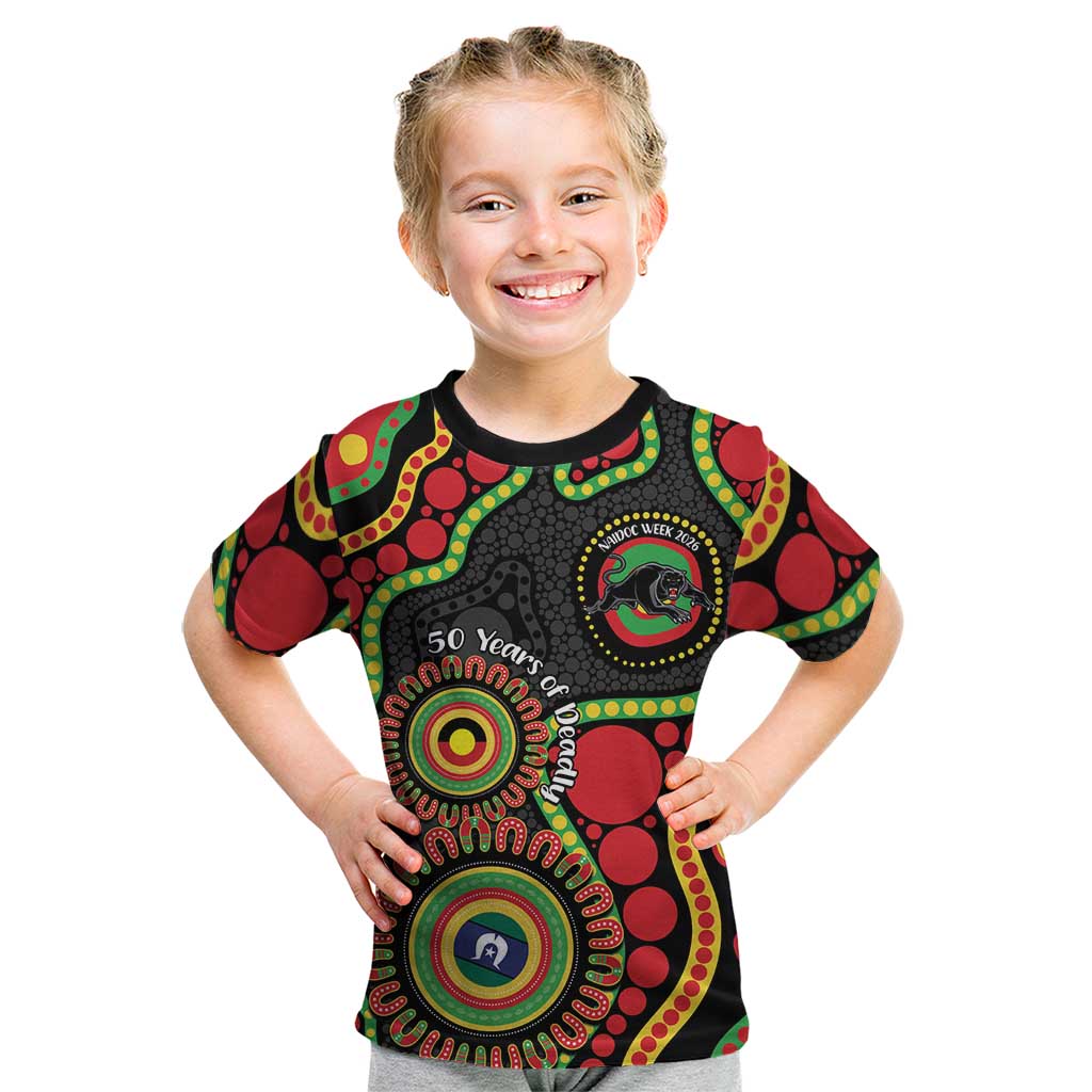 Panthers NAIDOC Week 2026 Personalised Kid T Shirt 50 Years of Deadly Aboriginal Art Black