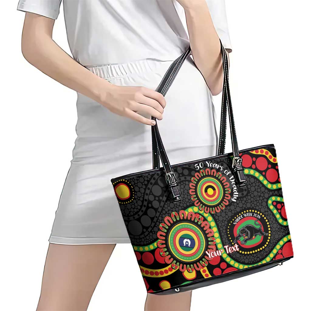 Panthers NAIDOC Week 2026 Personalised Leather Tote Bag 50 Years of Deadly Aboriginal Art Black