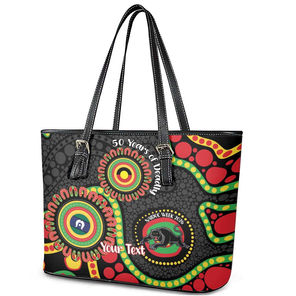 Panthers NAIDOC Week 2026 Personalised Leather Tote Bag 50 Years of Deadly Aboriginal Art Black