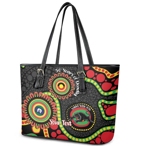 Panthers NAIDOC Week 2026 Personalised Leather Tote Bag 50 Years of Deadly Aboriginal Art Black