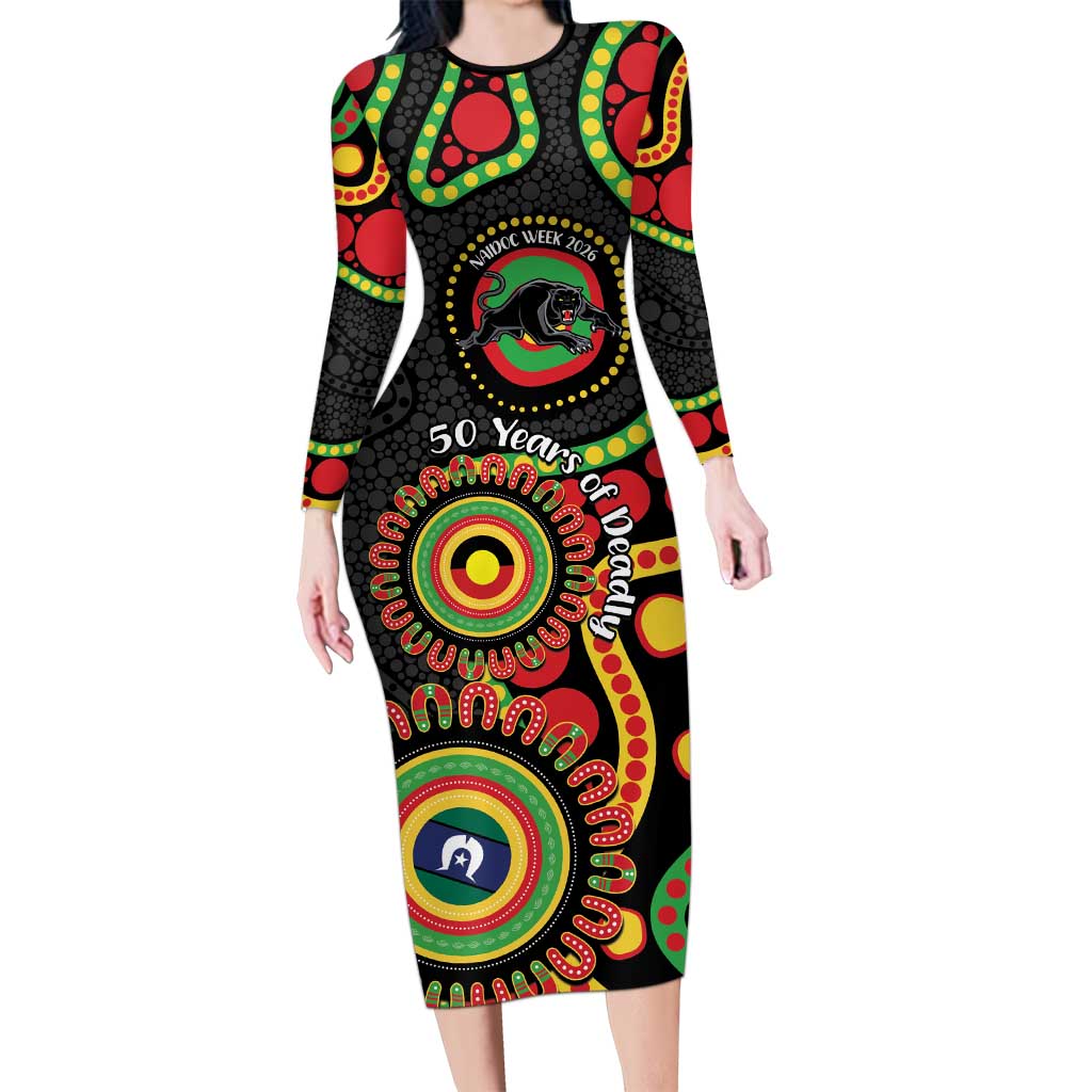Panthers NAIDOC Week 2026 Personalised Long Sleeve Bodycon Dress 50 Years of Deadly Aboriginal Art Black