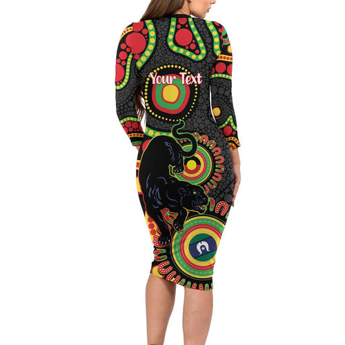 Panthers NAIDOC Week 2026 Personalised Long Sleeve Bodycon Dress 50 Years of Deadly Aboriginal Art Black