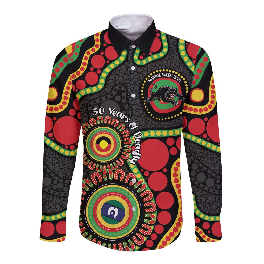 Panthers NAIDOC Week 2026 Personalised Long Sleeve Button Shirt 50 Years of Deadly Aboriginal Art Black