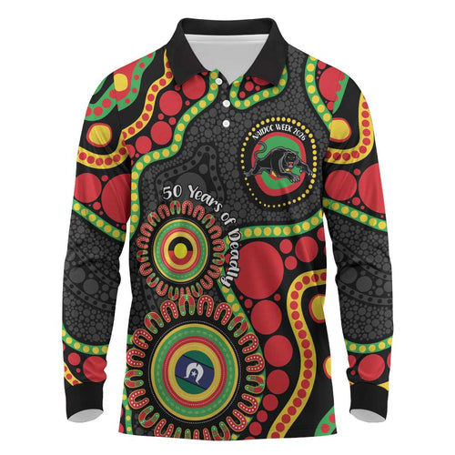 Panthers NAIDOC Week 2026 Personalised Long Sleeve Polo Shirt 50 Years of Deadly Aboriginal Art Black