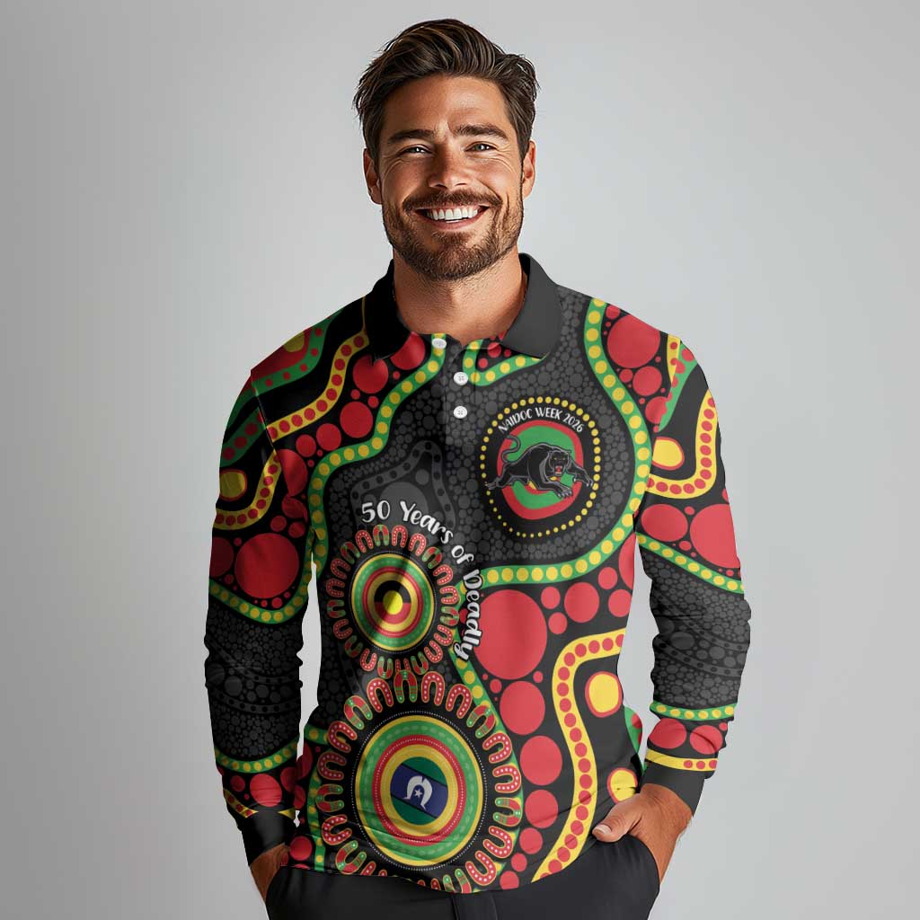 Panthers NAIDOC Week 2026 Personalised Long Sleeve Polo Shirt 50 Years of Deadly Aboriginal Art Black