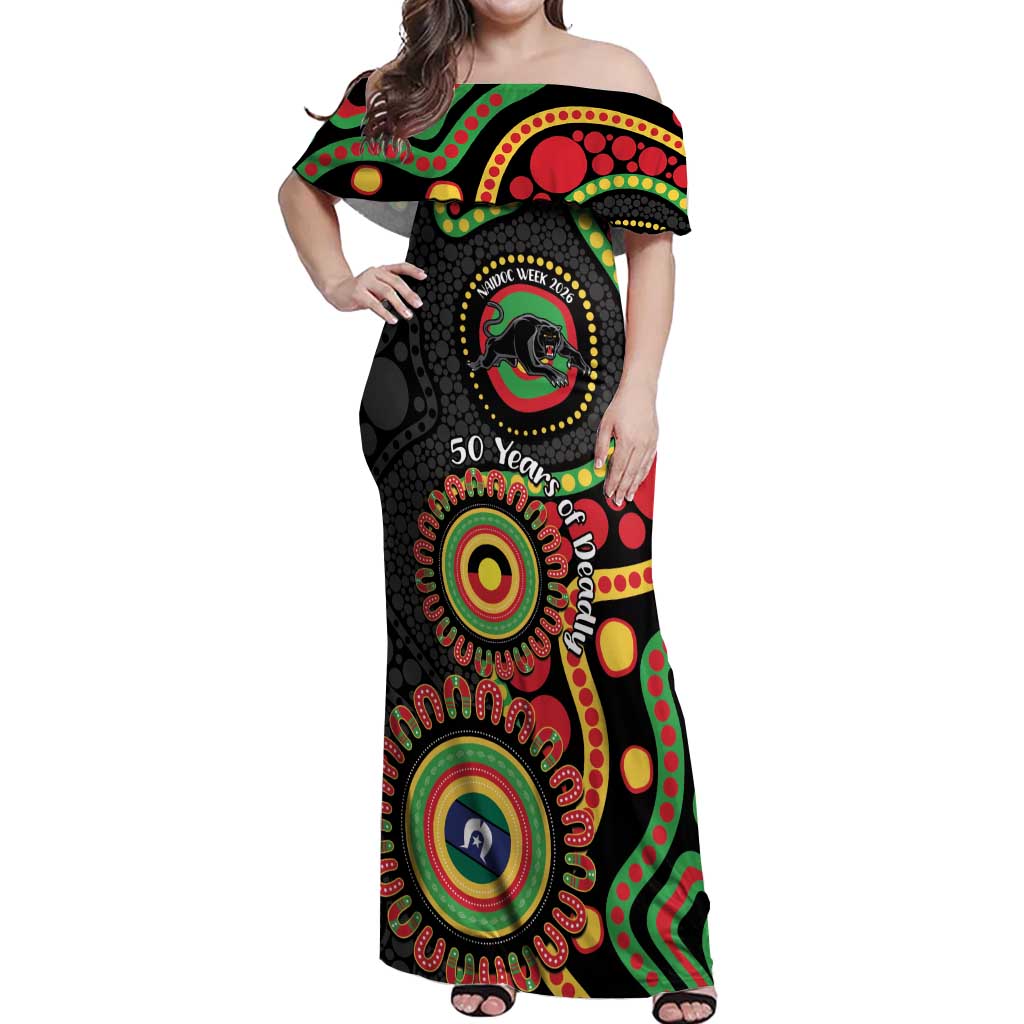 Panthers NAIDOC Week 2026 Personalised Off Shoulder Maxi Dress 50 Years of Deadly Aboriginal Art Black