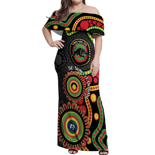Panthers NAIDOC Week 2026 Personalised Off Shoulder Maxi Dress 50 Years of Deadly Aboriginal Art Black