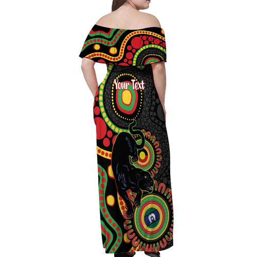 Panthers NAIDOC Week 2026 Personalised Off Shoulder Maxi Dress 50 Years of Deadly Aboriginal Art Black