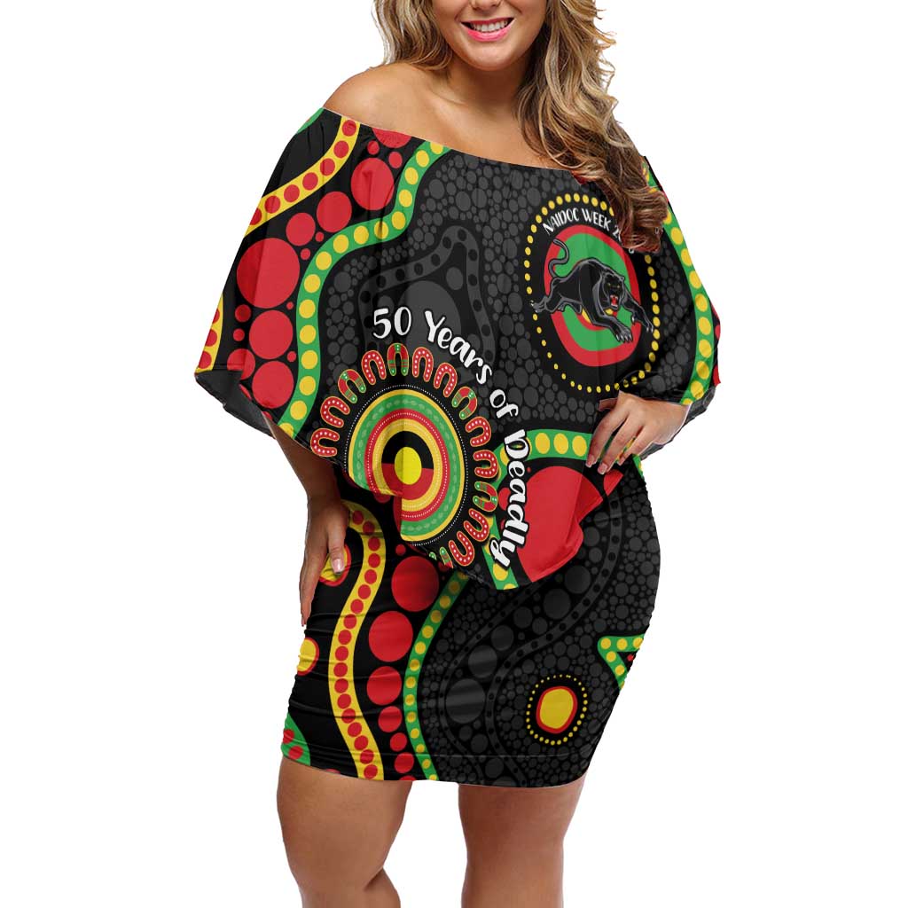 Panthers NAIDOC Week 2026 Personalised Off Shoulder Short Dress 50 Years of Deadly Aboriginal Art Black