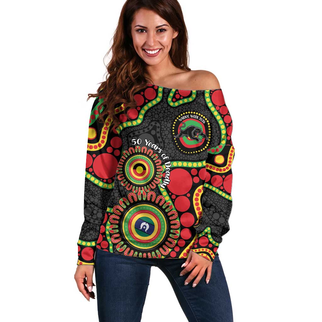 Panthers NAIDOC Week 2026 Personalised Off Shoulder Sweater 50 Years of Deadly Aboriginal Art Black