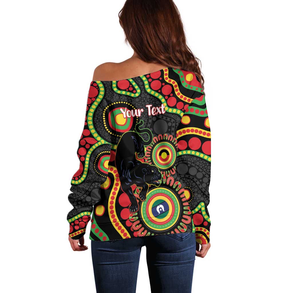 Panthers NAIDOC Week 2026 Personalised Off Shoulder Sweater 50 Years of Deadly Aboriginal Art Black