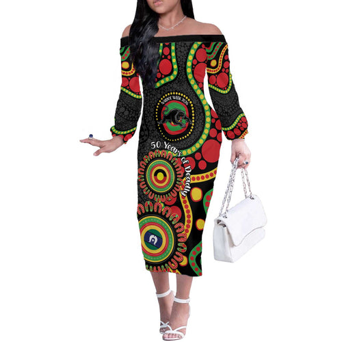 Panthers NAIDOC Week 2026 Personalised Off The Shoulder Long Sleeve Dress 50 Years of Deadly Aboriginal Art Black