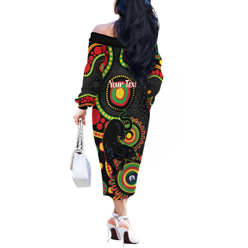 Panthers NAIDOC Week 2026 Personalised Off The Shoulder Long Sleeve Dress 50 Years of Deadly Aboriginal Art Black