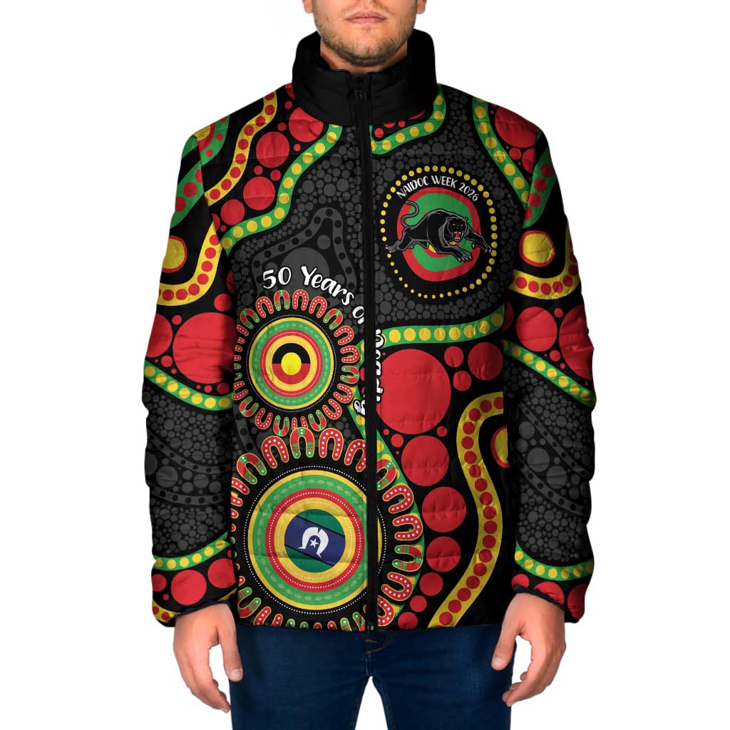 Panthers NAIDOC Week 2026 Personalised Padded Jacket 50 Years of Deadly Aboriginal Art Black