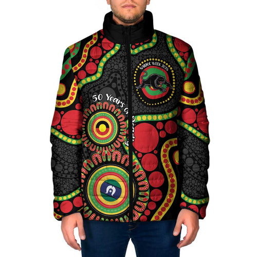Panthers NAIDOC Week 2026 Personalised Padded Jacket 50 Years of Deadly Aboriginal Art Black