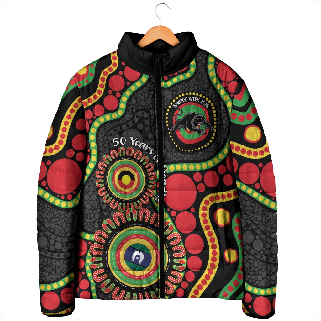 Panthers NAIDOC Week 2026 Personalised Padded Jacket 50 Years of Deadly Aboriginal Art Black