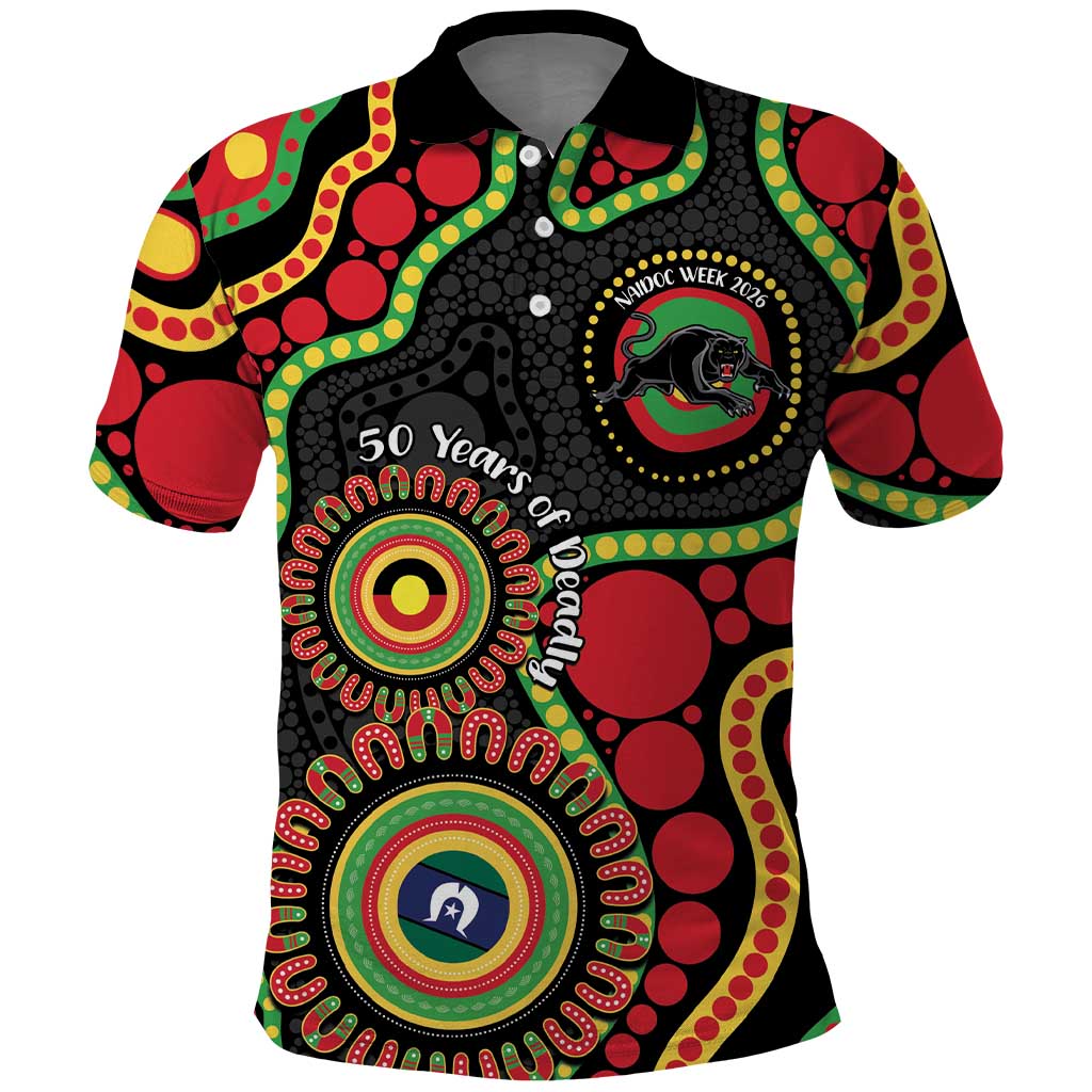 Panthers NAIDOC Week 2026 Personalised Polo Shirt 50 Years of Deadly Aboriginal Art Black