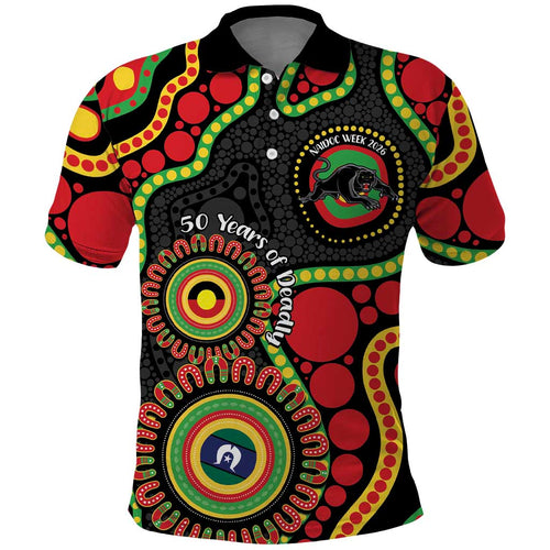 Panthers NAIDOC Week 2026 Personalised Polo Shirt 50 Years of Deadly Aboriginal Art Black