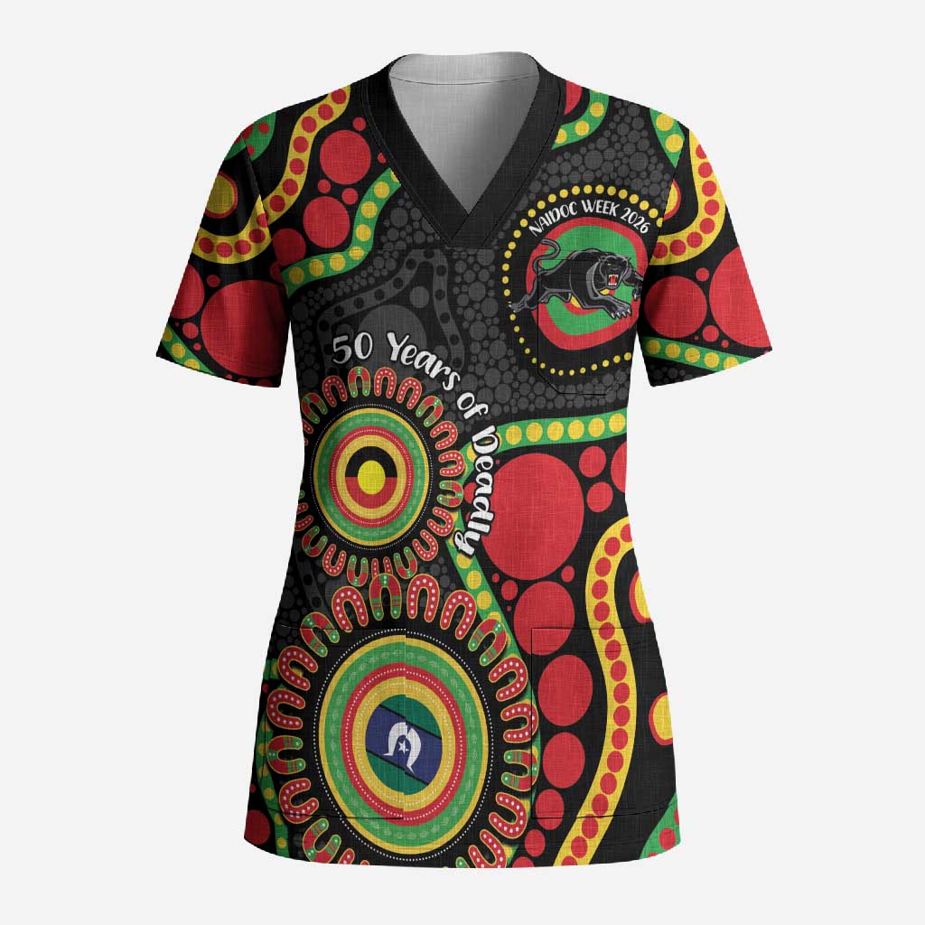 Panthers NAIDOC Week 2026 Personalised Scrub Top 50 Years of Deadly Aboriginal Art Black