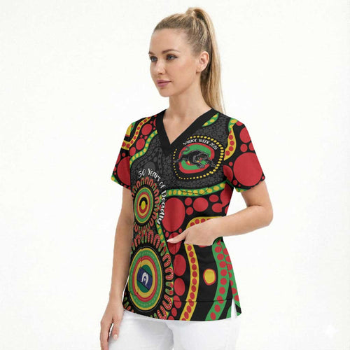 Panthers NAIDOC Week 2026 Personalised Scrub Top 50 Years of Deadly Aboriginal Art Black