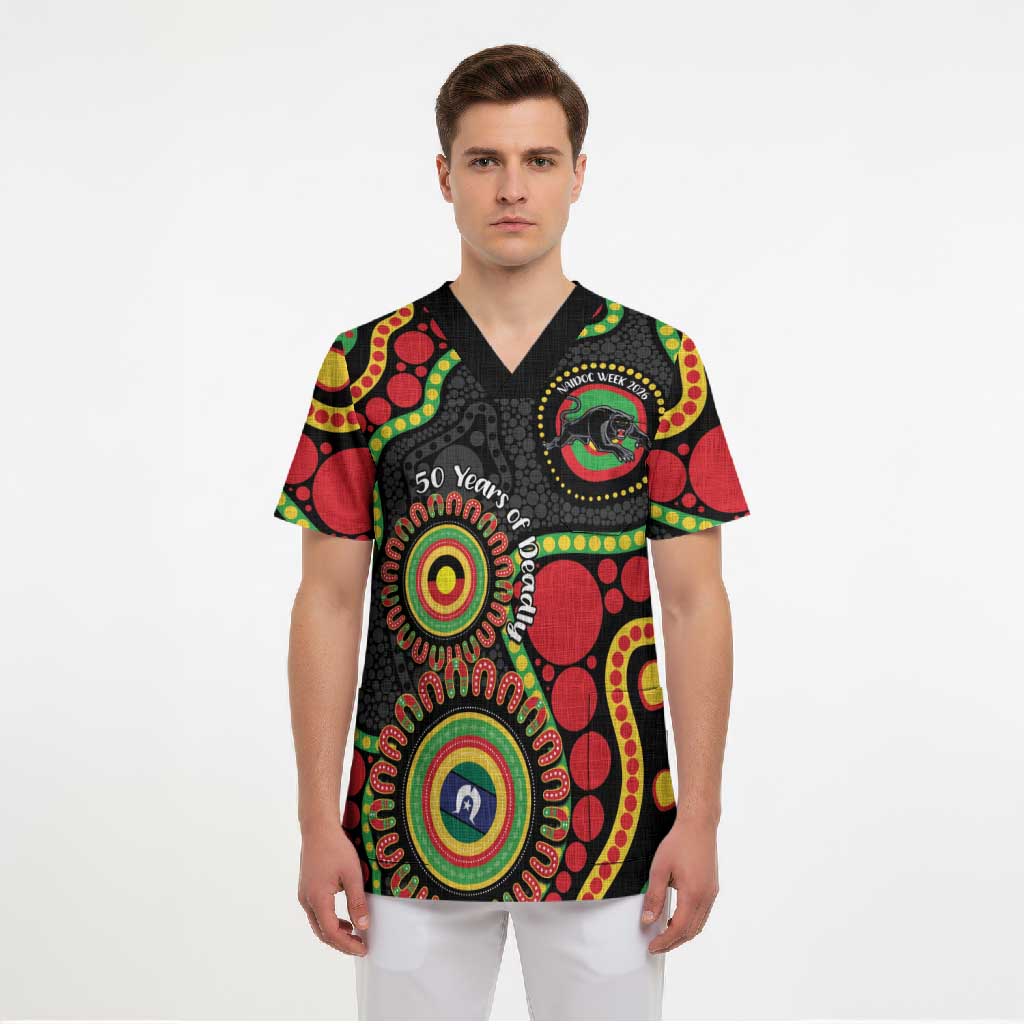 Panthers NAIDOC Week 2026 Personalised Scrub Top 50 Years of Deadly Aboriginal Art Black