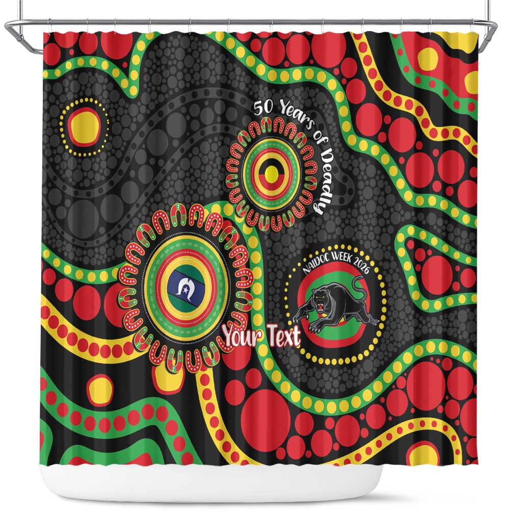 Panthers NAIDOC Week 2026 Personalised Shower Curtain 50 Years of Deadly Aboriginal Art Black
