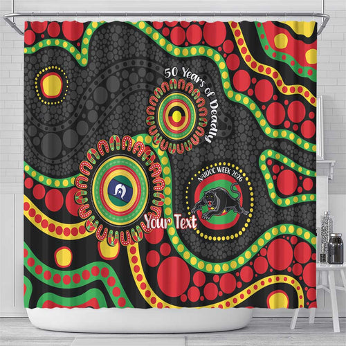 Panthers NAIDOC Week 2026 Personalised Shower Curtain 50 Years of Deadly Aboriginal Art Black