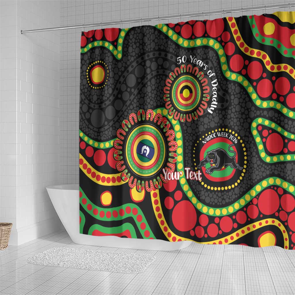 Panthers NAIDOC Week 2026 Personalised Shower Curtain 50 Years of Deadly Aboriginal Art Black