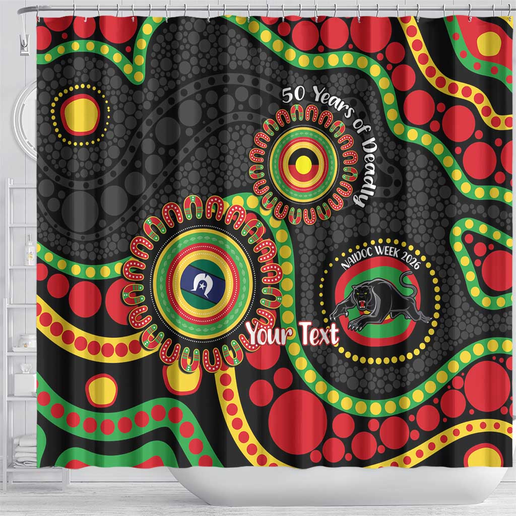 Panthers NAIDOC Week 2026 Personalised Shower Curtain 50 Years of Deadly Aboriginal Art Black