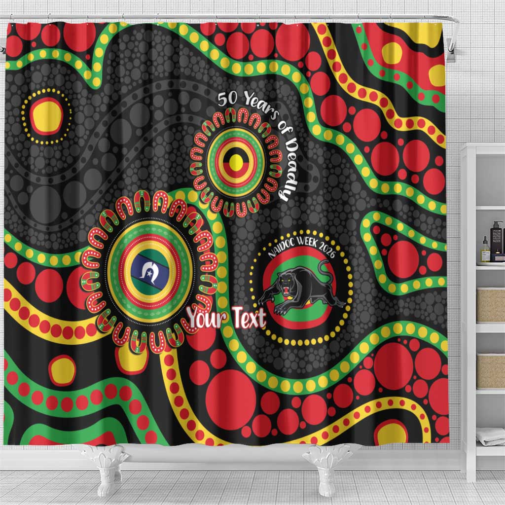 Panthers NAIDOC Week 2026 Personalised Shower Curtain 50 Years of Deadly Aboriginal Art Black