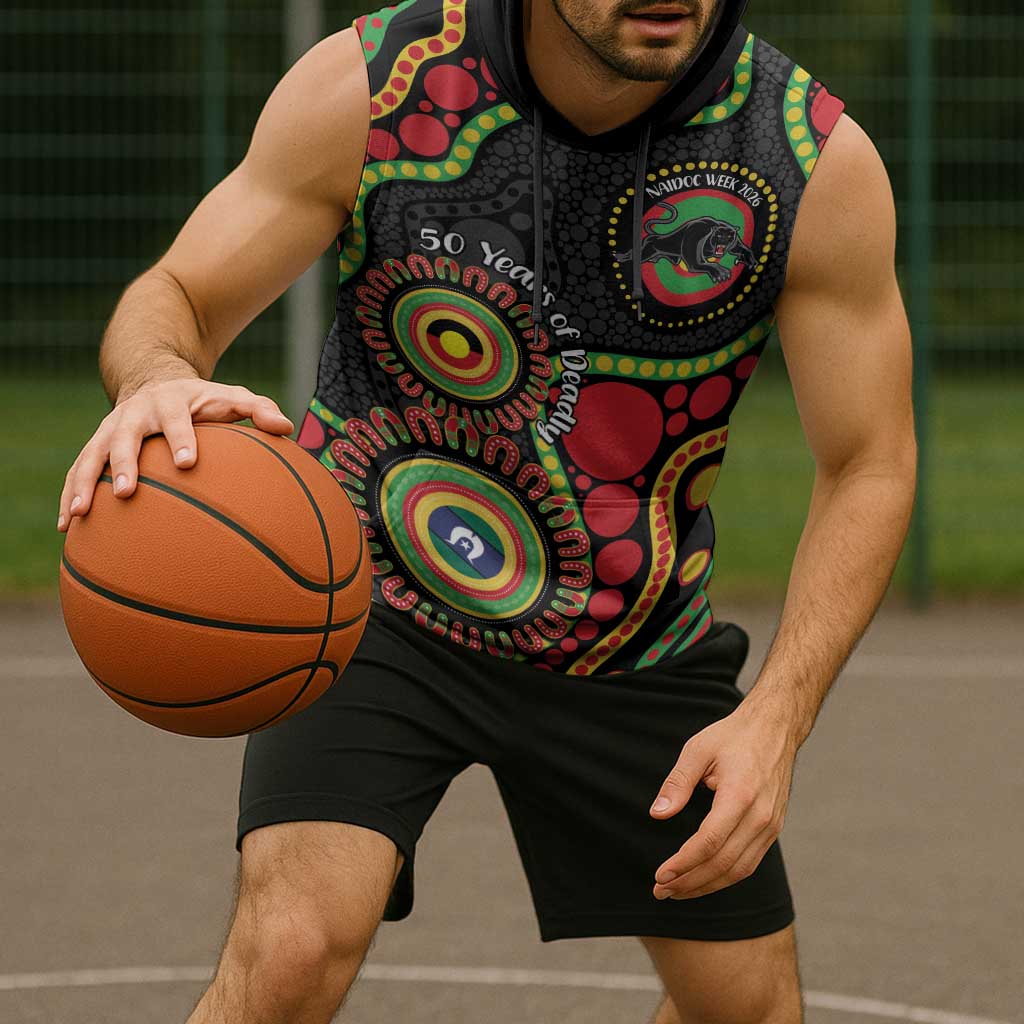 Panthers NAIDOC Week 2026 Personalised Sleeveless Hoodie 50 Years of Deadly Aboriginal Art Black
