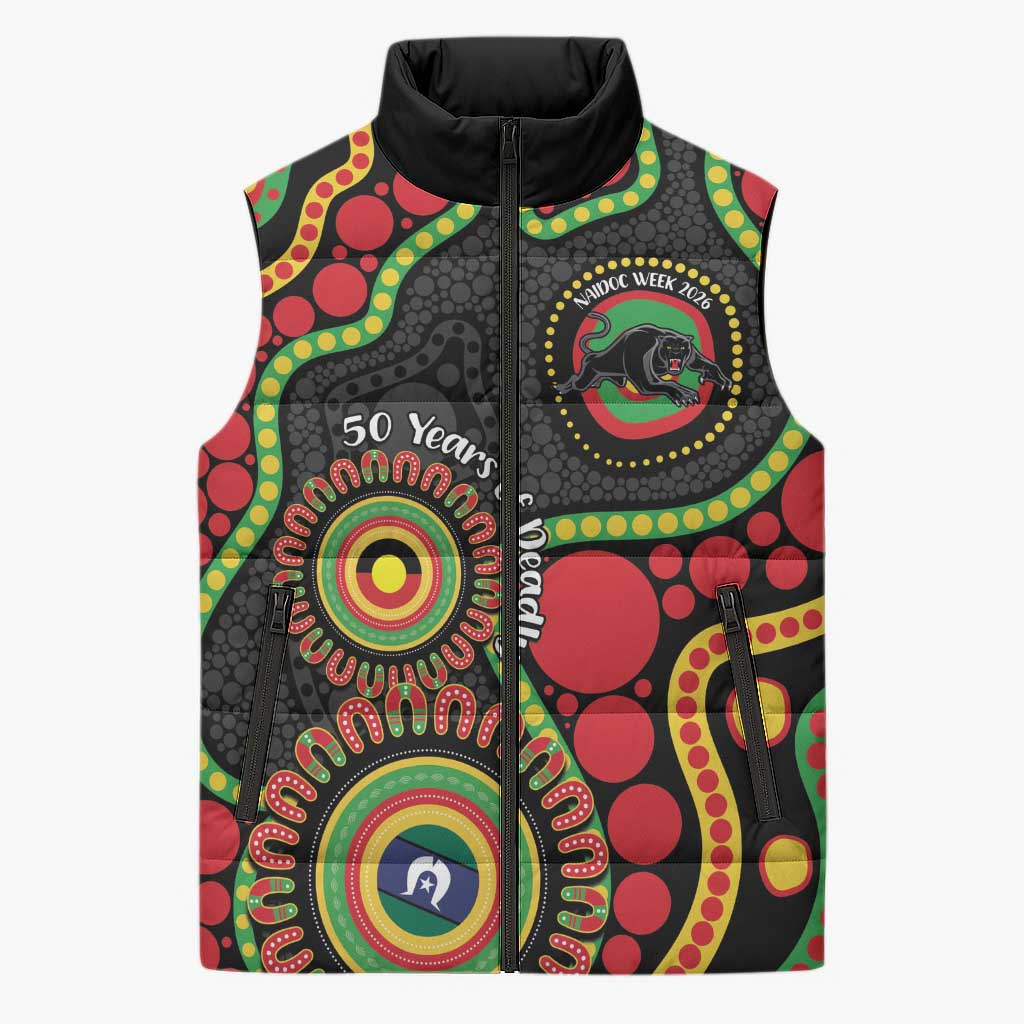 Panthers NAIDOC Week 2026 Personalised Sleeveless Puffer Jacket 50 Years of Deadly Aboriginal Art Black
