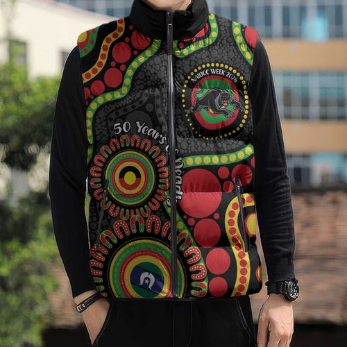 Panthers NAIDOC Week 2026 Personalised Sleeveless Puffer Jacket 50 Years of Deadly Aboriginal Art Black