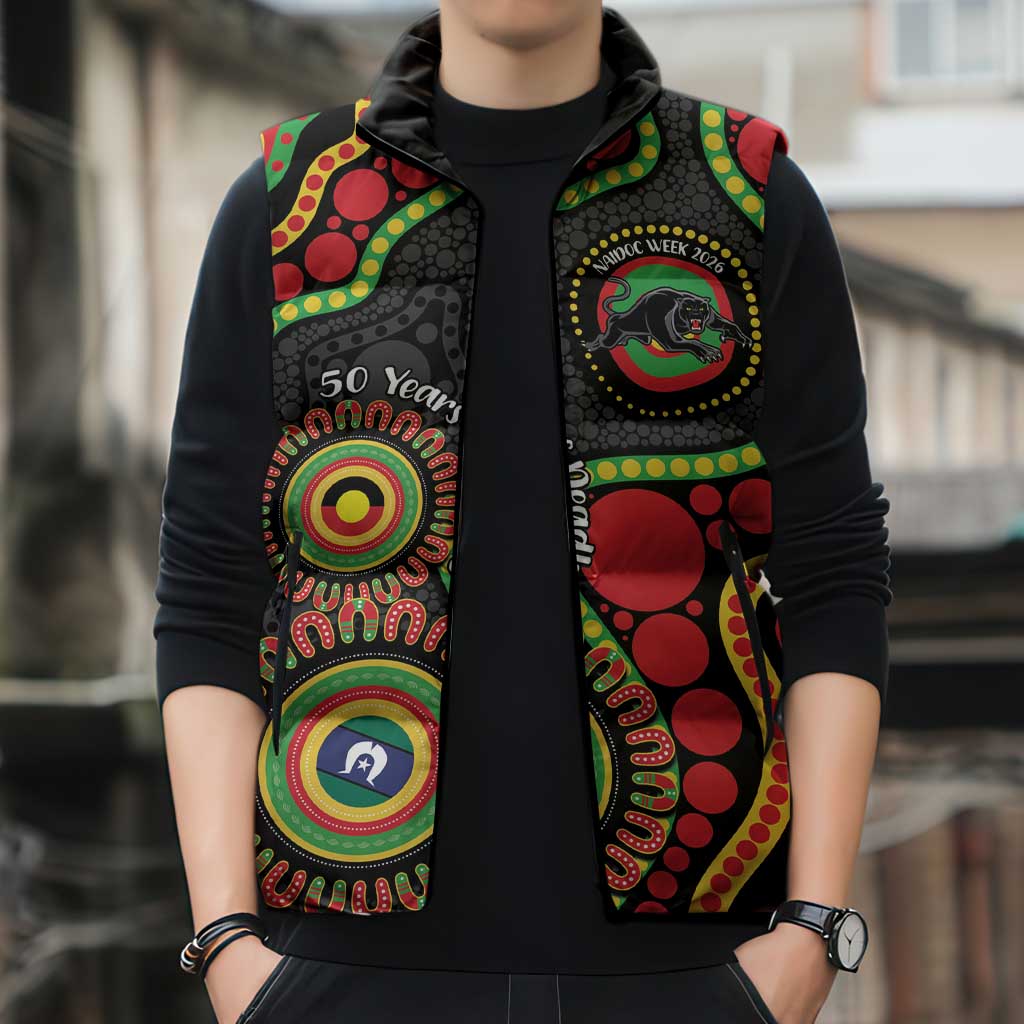 Panthers NAIDOC Week 2026 Personalised Sleeveless Puffer Jacket 50 Years of Deadly Aboriginal Art Black