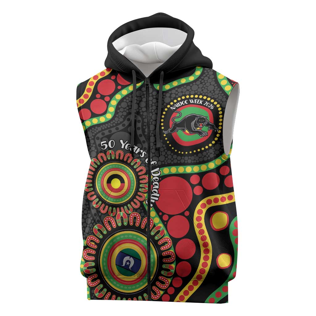 Panthers NAIDOC Week 2026 Personalised Sleeveless Zip Hoodie 50 Years of Deadly Aboriginal Art Black