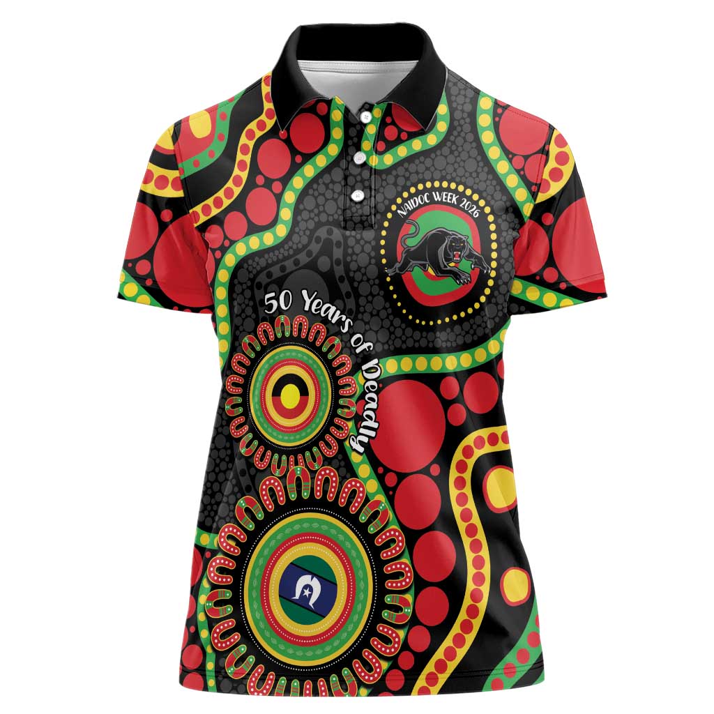 Panthers NAIDOC Week 2026 Personalised Women Polo Shirt 50 Years of Deadly Aboriginal Art Black