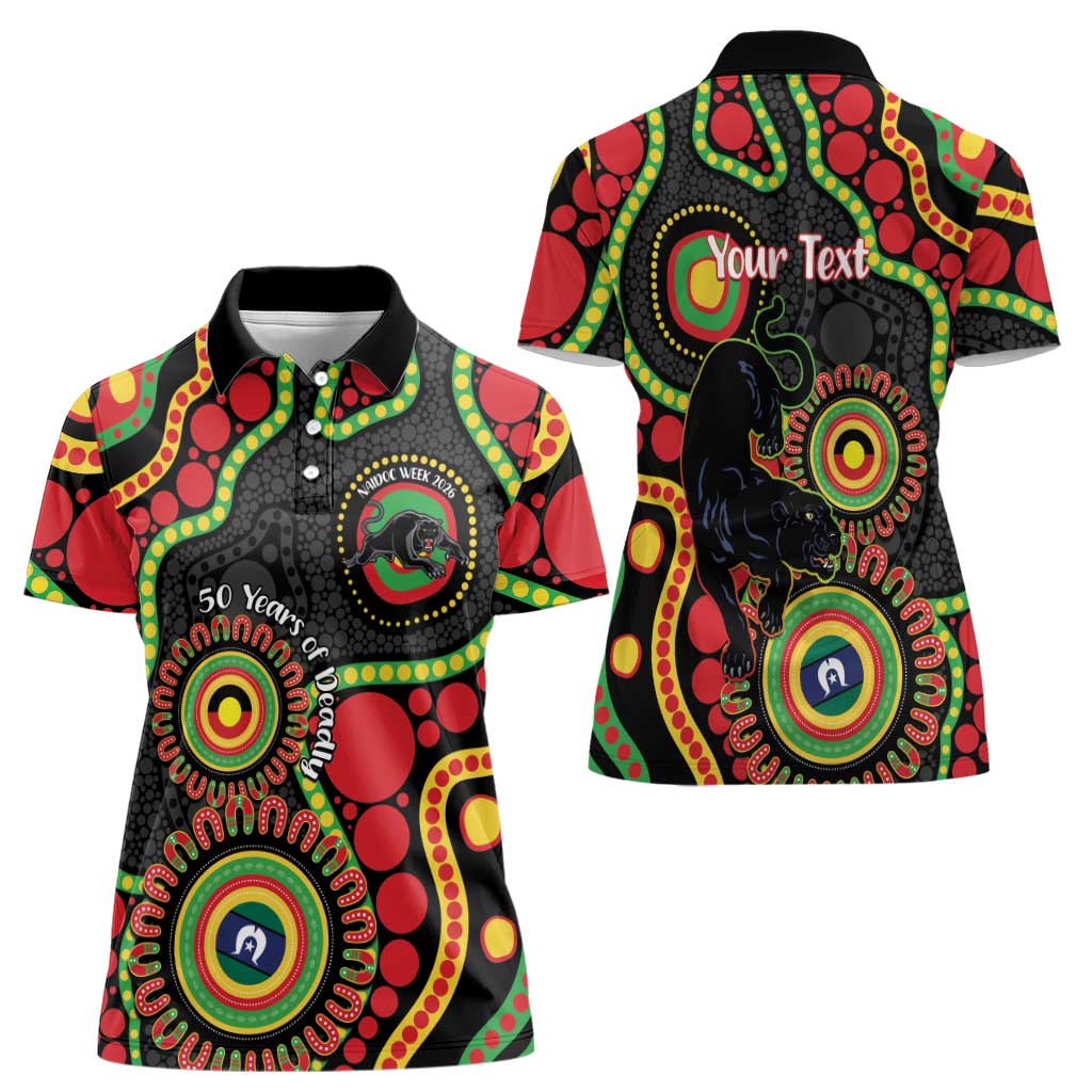 Panthers NAIDOC Week 2026 Personalised Women Polo Shirt 50 Years of Deadly Aboriginal Art Black